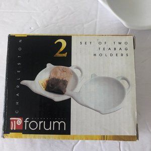 2 pc Charleston Forum Tea Bag Holders Ceramic Teapot Shape 4 1/2" x 3 1/4" White